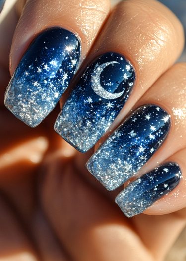 Stunning celestial nail art with deep blue base, starry accents, and crescent moon design.