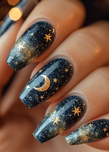 Cosmic nail art featuring glossy dark nails, golden stars, and a crescent moon design.