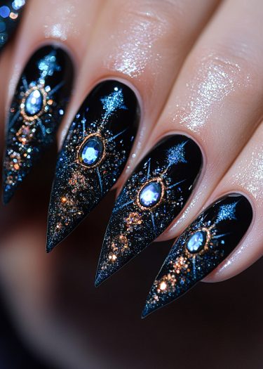 Stunning celestial nail art featuring stiletto designs with iridescent gems and metallic embellishments.