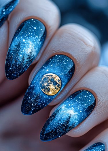 Stunning celestial nail art features a starry night sky, moon, and silhouetted trees design.