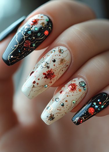 Intricate celestial nail art design with vibrant gems and elegant golden accents.