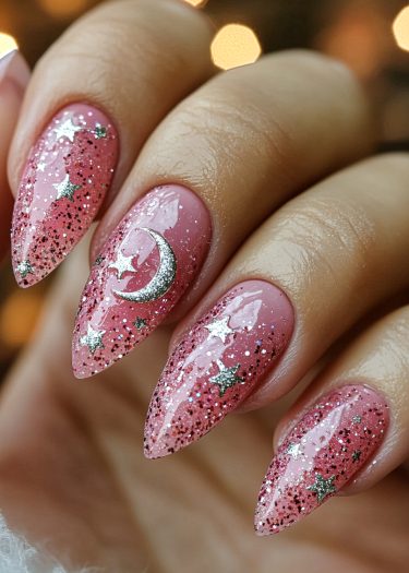 Beautiful celestial pink nails with glitter, moons, and stars for an elegant manicure.