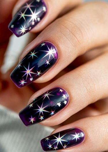 Cosmic purple nails featuring star motifs and iridescent glitter, perfect for a celestial look.