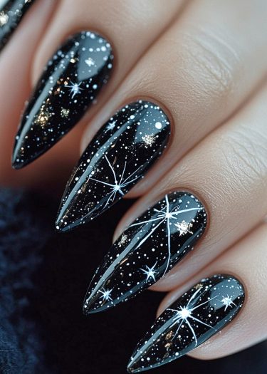 Elegant black celestial stiletto nails with intricate star designs for a cosmic nail art look.