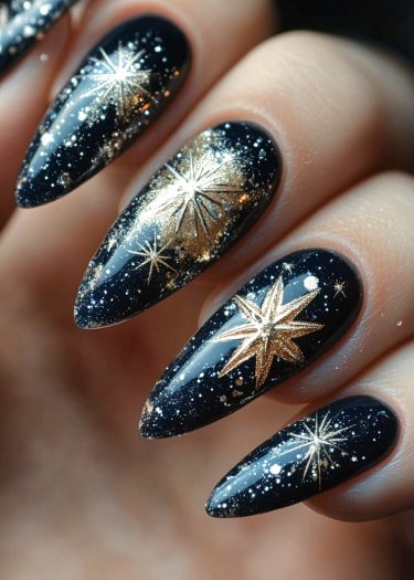 Elegant stiletto nails with celestial star patterns in black, gold, and glitter for a glamorous look.