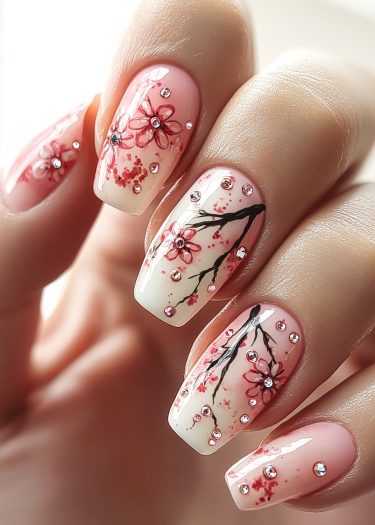 Elegant cherry blossom gradient nail art with rhinestones, showcasing delicate floral design.