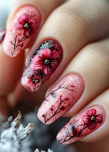 Elegant cherry blossom nail art with intricate floral designs and sparkling accents on almond nails.