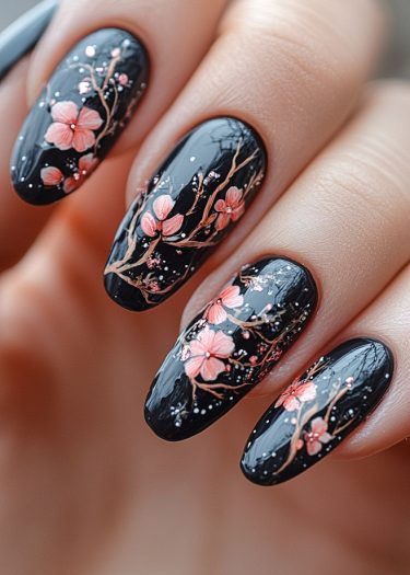 Elegant cherry blossom nail art on glossy black nails, showcasing delicate floral designs and craftsmanship.