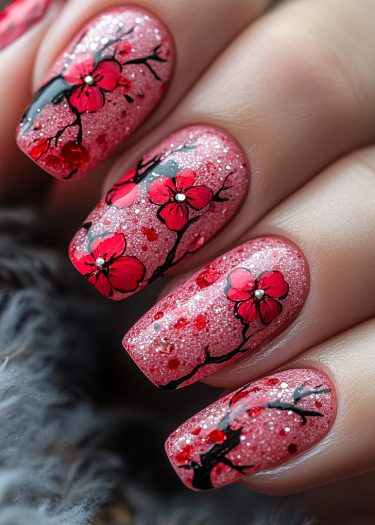 Glamorous cherry blossom nail art with pink glitter base and intricate floral designs.