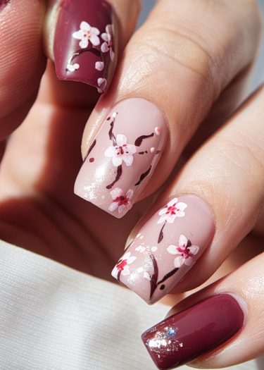 Elegant cherry blossom nail art in maroon and pink shades with intricate floral designs.