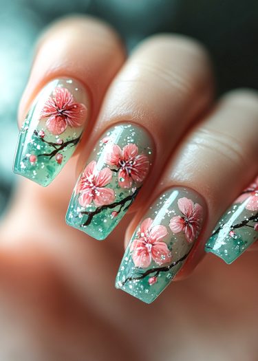 Elegant cherry blossom nail art on emerald green nails with intricate details and glitter accents.