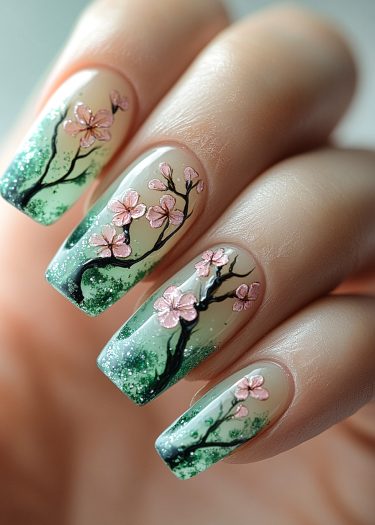 Beautiful cherry blossom nail art with pink flowers and a sparkling green gradient background.