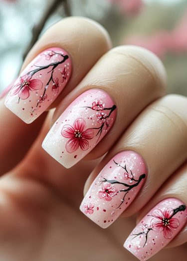 Elegant cherry blossom nail art with a pink and white gradient, featuring dewdrop glitter accents.