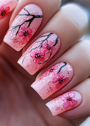 Elegant cherry blossom nail art with glossy pink base and sparkling glitter accents.