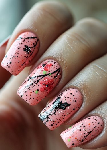 Elegant cherry blossom nail art with intricate branches and vibrant flowers on a peach-pink background.