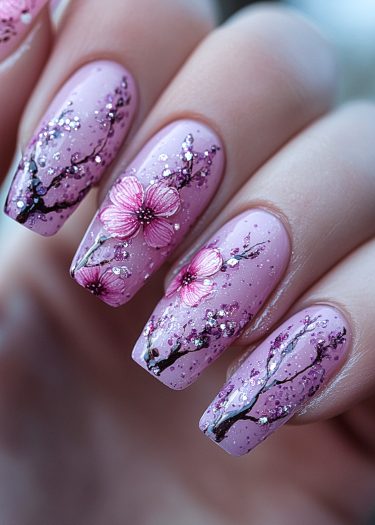 Elegant cherry blossom nail art design on pastel pink nails with delicate floral details.