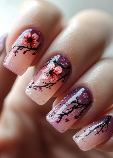 Elegant cherry blossom nail art with gradient purple design and shimmering accents.