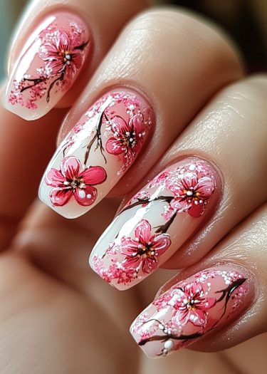 Elegant cherry blossom nail art with detailed designs on almond-shaped nails.