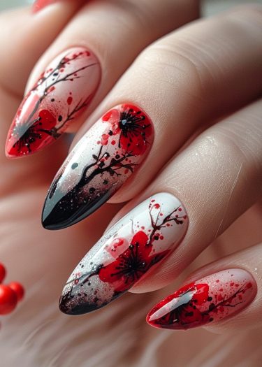 Elegant cherry blossom nail art featuring vibrant red flowers and intricate black branches.