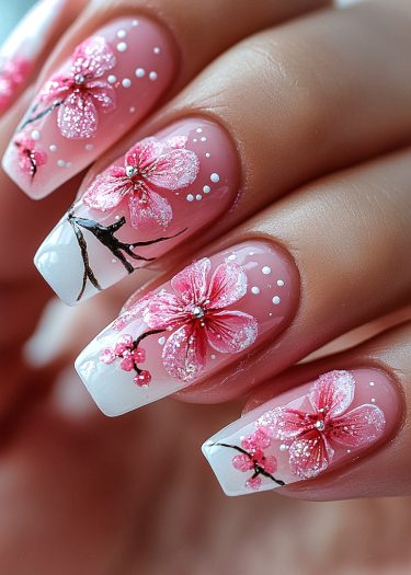 Elegant cherry blossom nail art featuring soft pinks, white tips, and sparkling rhinestones.