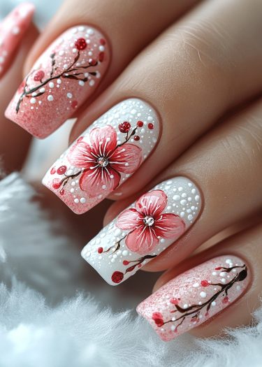 Elegant cherry blossom nail art with pink gradients and intricate floral designs.