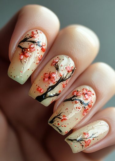 Elegant cherry blossom nail art with a soft beige base and glittering accents.