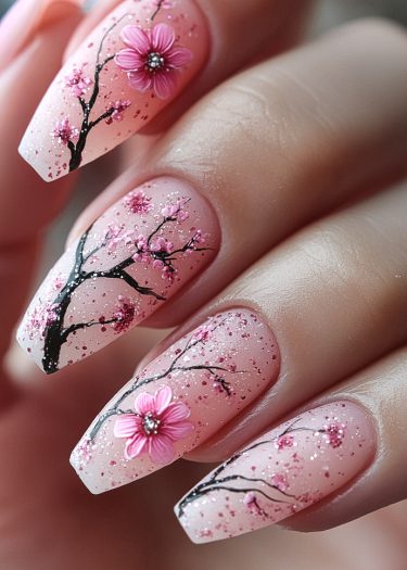 Elegant cherry blossom nail art design on soft pink background with stunning details and rhinestones.