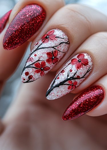 Elegant cherry blossom nail art with red glitter, combining glamour and intricate floral designs.