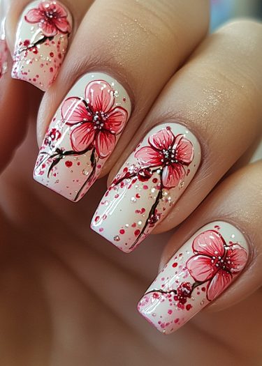 Pastel pink cherry blossom nail art with intricate floral designs and elegant detailing.