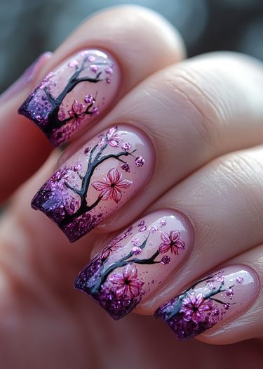 Exquisite cherry blossom nail art design with vibrant flowers and delicate branches in pink and purple.