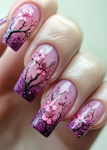 Elegant cherry blossom nail art with pink and purple ombre and sparkling details.