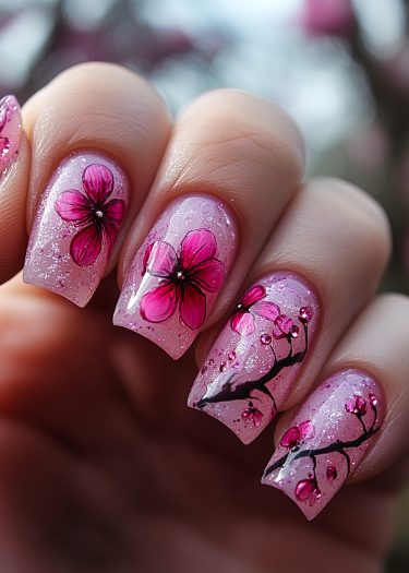 Elegant cherry blossom nail design with soft pink base and sparkling accents.