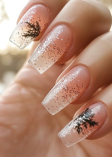 Chic nude glitter nails with ombre effect and botanical designs for elegant nail art.