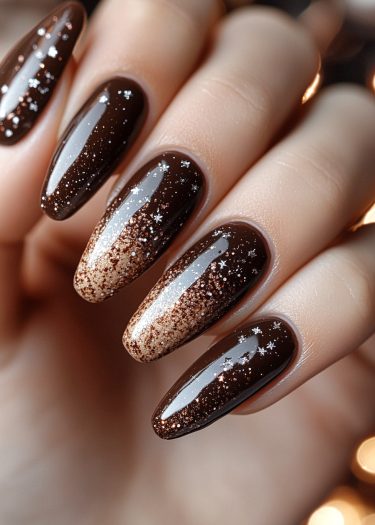 Elegant chocolate brown nail art with glitter and snowflake accents for a festive look.