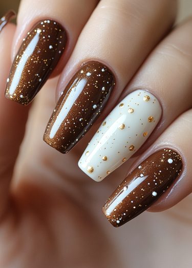 Elegant chocolate brown and white nail design with gold accents for a sophisticated look.