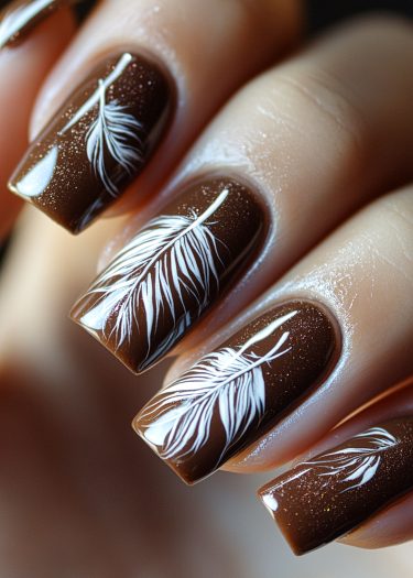 Elegant chocolate brown nails with white feather designs, showcasing intricate nail art.