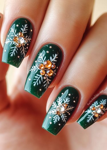 Elegant green Christmas nail art with snowflakes and rhinestones for a festive holiday look.