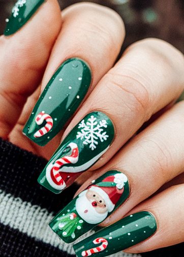 Festive Christmas nail art with green base, candy cane, snowflake, and Santa designs.