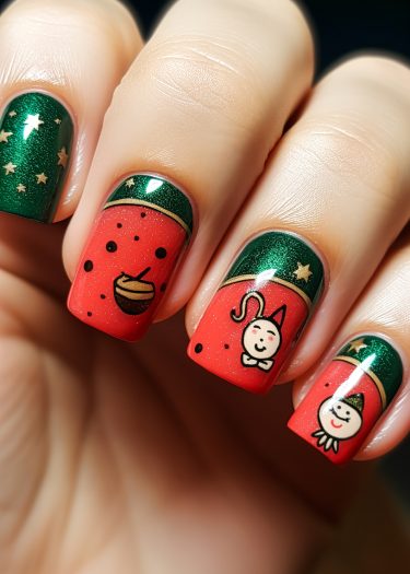 Festive Christmas nail art features colorful designs with green, red, and gold accents.