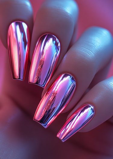 Stunning chrome-finish nails in pink and blue hues showcase modern nail artistry and elegance.