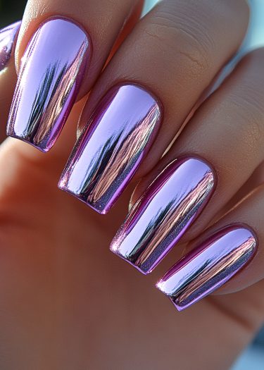 Vibrant chrome pink nails with purple undertones, showcasing a glossy, mirror-like finish.