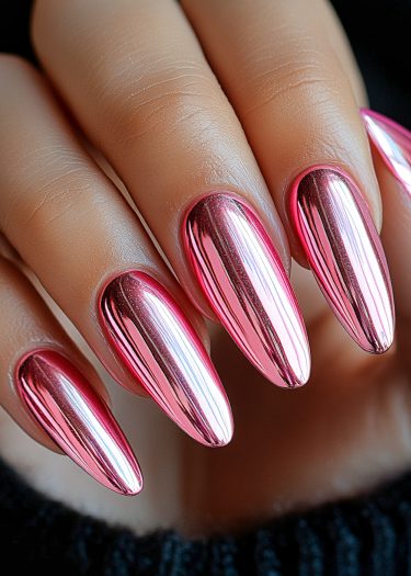 Stunning metallic pink chrome stiletto nails showcasing elegance and modern nail art trends.