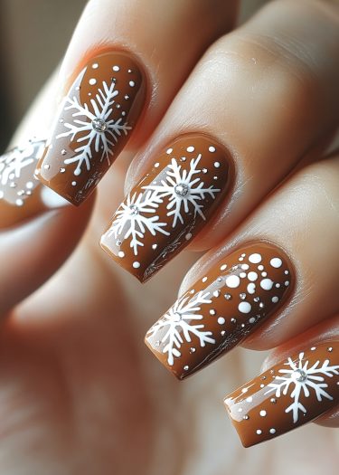 Elegant cinnamon brown nails with white snowflakes and sparkling rhinestones, perfect for winter.