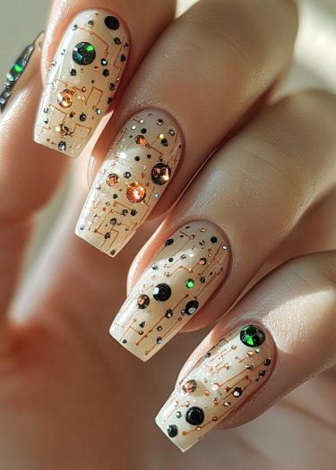 Futuristic circuit board nail art design with copper lines and colorful rhinestones on beige nails.