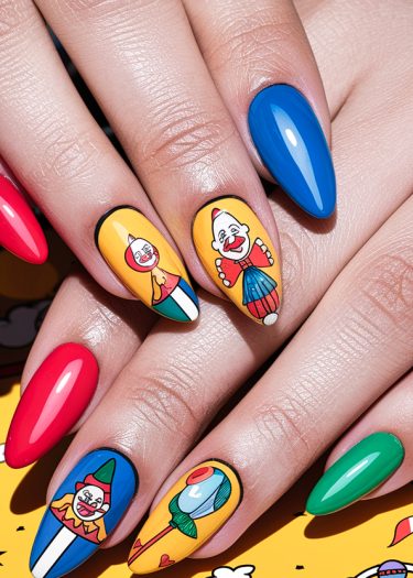 Vibrant circus clown nail art featuring colorful designs and playful characters for a festive look.