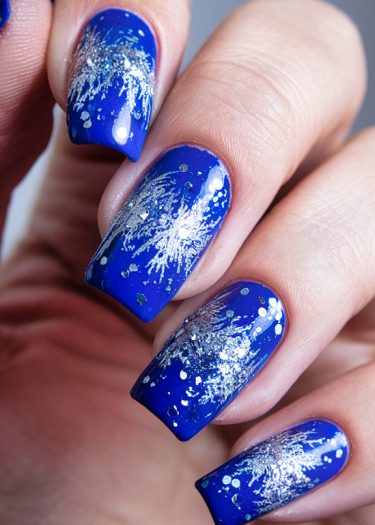 Cobalt blue nails with silver snowflake designs and glitter create an elegant, festive look.