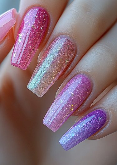 Elegant pink and purple coffin gradient nails with shimmering glitter for a glamorous manicure.