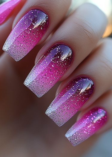 Elegant coffin nails featuring ombre magenta and silver glitter for a stunning manicure.