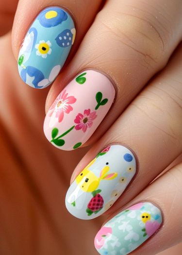 Vibrant artistic nail designs featuring floral, cartoon, and abstract patterns in cheerful colors.