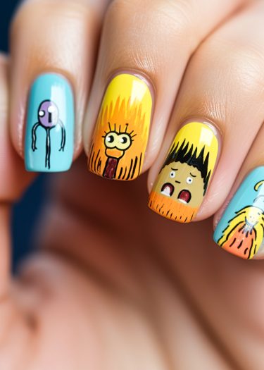 Vibrant cartoon character nail art featuring colorful designs on creative manicured fingernails.